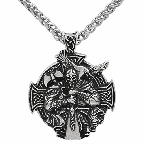 Colgante en 3D con diseño nórdico pagano de cruz celta, guerrero vikingo con espada y hacha y cuervo, colgante protector, incluye cadena de acero inoxidable