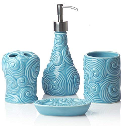 Conjunto de 4 Accesorios de baño de cerámica de diseño | Incluye jabón líquido o loción con portacepillos, Vidrio, jabonera | Celosía marroquí | Azul