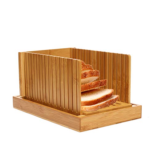 Cortador de pan plegable de madera de bambú para pan de madera compacta, grosor ajustable, guía de corte de pan con bandeja recogemigas para pan casero, plegable y compacta con bandeja para migas.