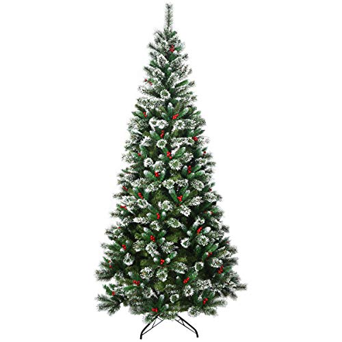 COSTWAY Árbol de Navidad Artificial con Soporte de Metal,Agujas de PVC,con Decorativa de Frutos Rojos y Nieve para Hogar Oficina Fiesta (Altura 240cm)