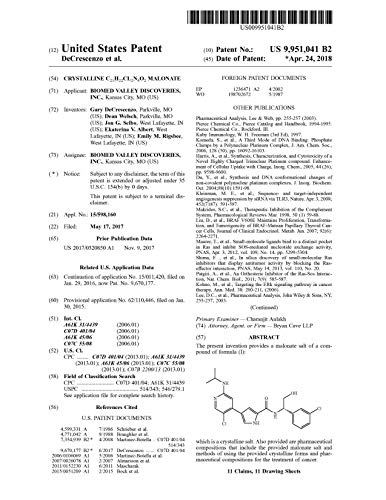 Crystalline C.sub.21H.sub.22Cl.sub.2N.sub.4O.sub.2 malonate: United States Patent 9951041 (English Edition)