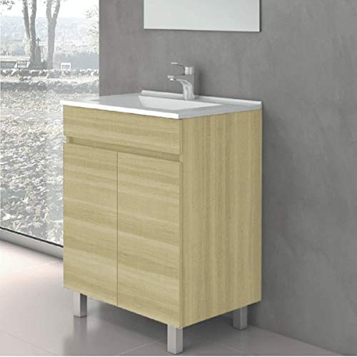 CTESI Conjunto de Mueble de baño con Lavabo de Porcelana y Espejo - con 2 Puertas - El Mueble va MONTADO - Modelo Luup (60 cms, Taiga)