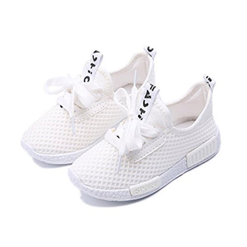 Daclay Zapatos niños Niñas Deportivo Transpirable Malla con Parte Superior de Cuero cómoda Suave Cordones Zapatillas Sneakers (23 EU,Blanco)