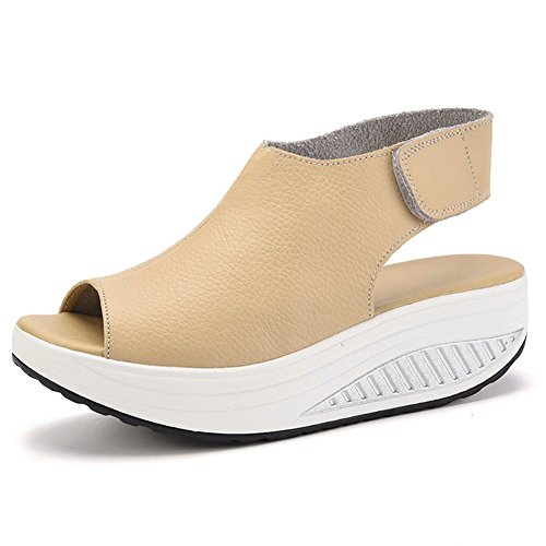 DAFENP Sandalias Plataforma Mujer Verano Sandalias Cuña Comodas Cuero Zapatos Tacon para Caminar (38 EU, Beige)