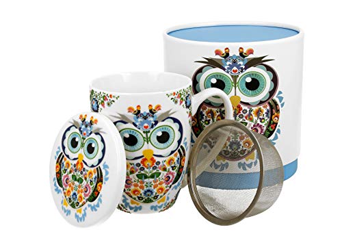 Duo Secret Garden - Juego de tazas de té (420 ml, con infusor y tapa, porcelana china, en caja de regalo), diseño de búhos