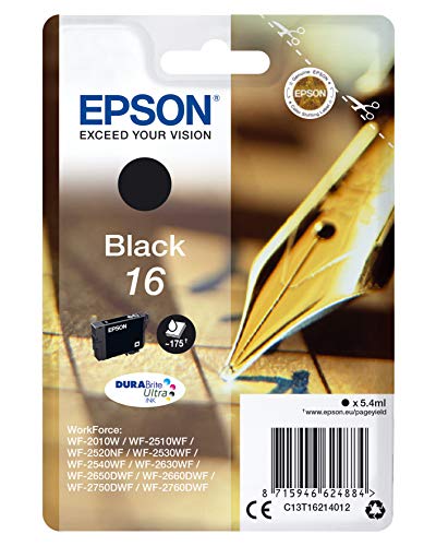 Epson C13T16214012 - Cartucho de tóner adecuado para WF2010, color negro, paquete estándar válido para los modelos WorkForce WF-2010W, WF-2510WF y otros