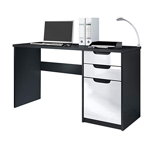 Escritorio Mesa para computadora Mueble de Oficina Logan, Cuerpo en Negro Mate/frentes en Blanco de Alto Brillo