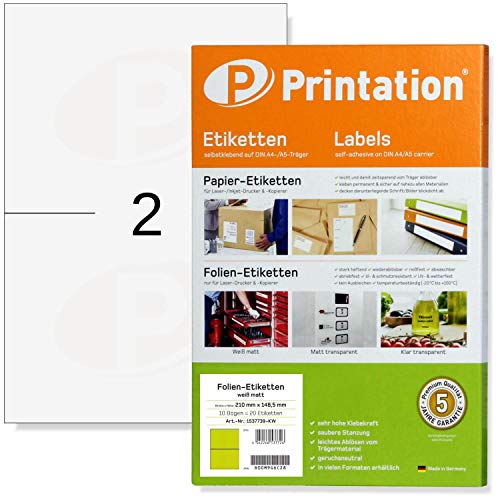 Etiquetas 210 x 148,5 mm, resistentes a la intemperie, color blanco mate, DIN A4, 20 hojas de etiquetas autoadhesivas para impresora láser