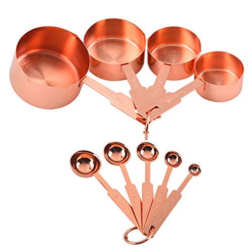 Fhdpeebu Juego de 9 vasos medidores de acero inoxidable en color oro rosado y manzana para cocina de especias.