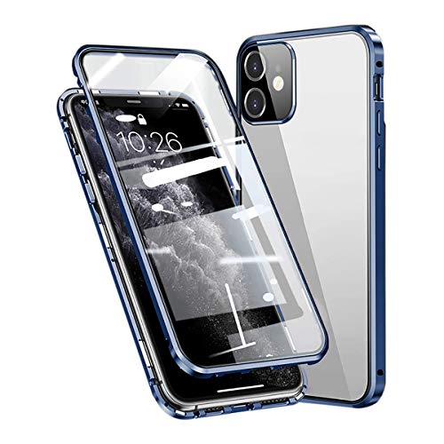 Funda para iPhone 12 magnética, protección completa de 360 grados, antigolpes, con protector de lente de cámara, parte delantera y trasera, cristal templado, marco de metal, color azul