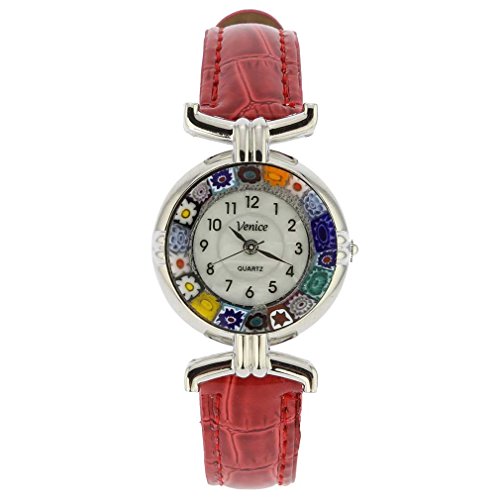 GlassOfVenice Reloj Millefiori de cristal de Murano con correa de piel, color plateado y rojo