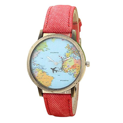 HARRYSTORE 2017 Nuevos viajes mundiales en avión Mapa Mujeres Vestido Reloj Denim Fabric Band Watch (Rojo)