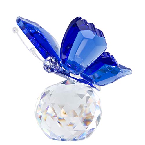 H&D - Hermosa mariposa al vuelo de cristal con base de bola de cristal, figurita para colección, adorno de animal coleccionable para regalo, madera, azul