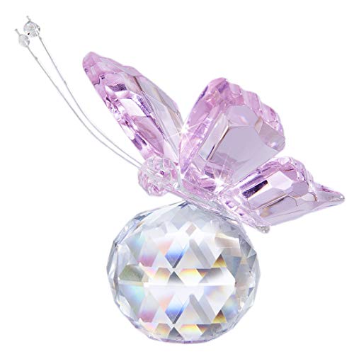H&D - Hermosa mariposa al vuelo de cristal con base de bola de cristal, figurita para colección, adorno de animal coleccionable para regalo, madera, Rosa