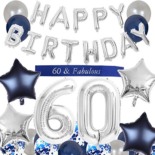 JOYMEMO Decoraciones del 60 cumpleaños Azul para Hombres Feliz cumpleaños Globo Número de Banner 60 Globos Faja para 60 años Suministros para Fiestas
