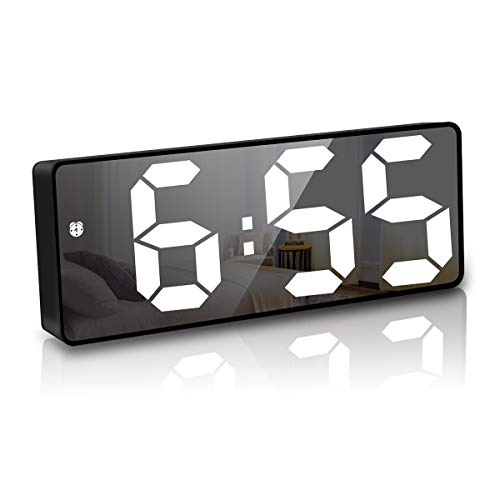 JQGo Reloj Despertador Digital, Pantalla LED Espejo Grande, Alimentado por Batería, Alarma Activada por Sonido, con Pantalla de Fecha y Temperatura Función Despertado, Negro