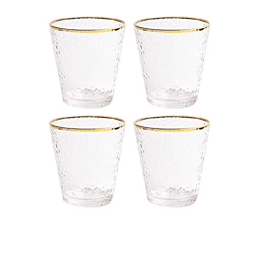 Juego de 4 vasos de cristal de 300 ml para agua y zumo de leche, vasos de agua de cristal con borde dorado para restaurante fiesta bar (pared de la taza de lágrima)