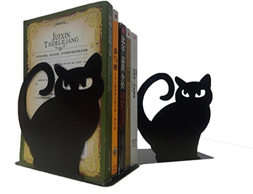 Juego de dos sujetalibros con diseño de gato persa, decorativos, de metal, color negro