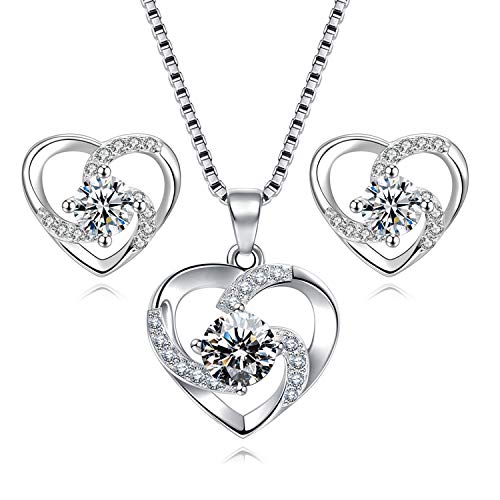 Juego de joyas para mujer en forma de corazón de plata de ley 925 con cadena y pendientes con circonita blanca compuesta de colgante de corazón, pendientes y collar de mujer de 45 cm