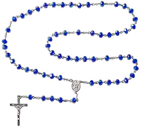 Kaltner Präsente Regalo – Rosario para hombre y mujer con colgante de cruz, imagen de María y perlas de cristal, color azul (longitud 74 cm)
