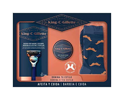 King C. Gillette Máquina de Afeitar y Perfilar Hombre + 1 Cuchilla de Recambio + Bálsamo para Barba + Calcetines, Regalos Originales para Hombre