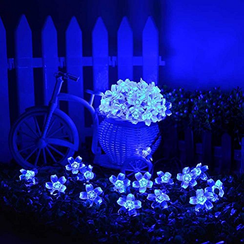 LEDMOMO 50 LED Flores Guirnalda Luminosa Cadena de Luces Solar Exterior Impermeable (Azul Flor de Cerezo)