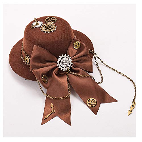 LHZUS Sombreros 2019 Primavera Mini Sombreros for Las Mujeres Lolita Girl Steampunk Gear Bow Brown Lindo Mini Sombrero de Copa Horquilla Retro Tocado (Color : Café, Size : 28-30cm)