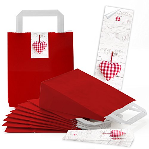 Logbuch-Verlag 25 bolsas de papel con suelo y asa 18 x 8 x 22 cm rojo + 25 pegatinas con corazón rojo y blanco - embalaje para regalos