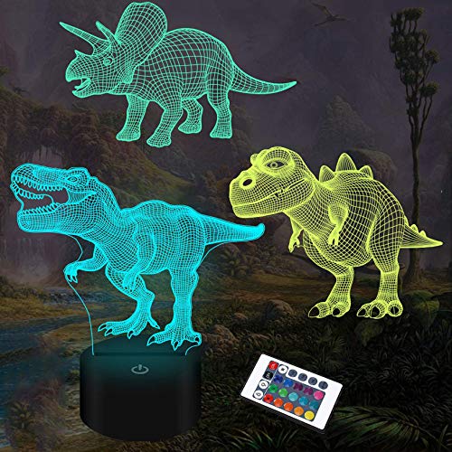 Luz nocturna para niños, regalos de dinosaurios, 3D, 3 patrones, con mando a distancia y 16 funciones de cambio de color y regulable, regalo de Navidad para jóvenes, adultos, niños, niñas