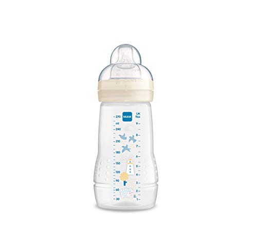 MAM Biberón Easy Active Baby Bottle A133 - Biberón Con Tetina De Silicona Skinsofttm Ultra Suave, Para Bebés A Partir De 2 Meses, Neutro, 1 Unidad, Sistema Auto Esterilización En 3 Min, Neuto, 270 Ml