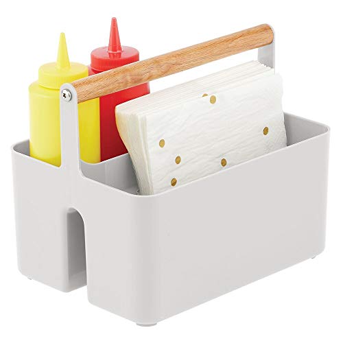 mDesign Cesta organizadora para la cocina – Organizador de cocina con 2 compartimentos para la encimera o el armario – Caja con compartimentos y asa de plástico y madera – gris claro