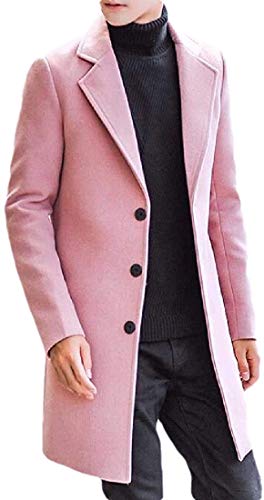 Men Overcoat Fall Winter Solid Color Wool-Blend Single Breasted Mid Length Pea Coat Jacket,1,Medium
