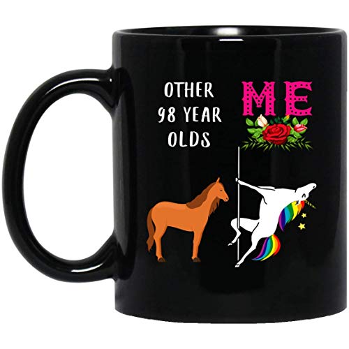 N\A Unicornio Divertido Regalo de cumpleaños número 98 para Mujeres Que cumplen 98 años Nacido en 1921 Taza de café Negra de 11 oz