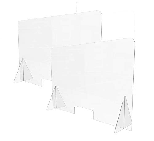Pack (2) Mamparas de protección de 115 cm ancho x 75 cm de alto, 3mm de grosor, ventana de 15 x 26 cm, soportes de 40 x 20 cm, transparente