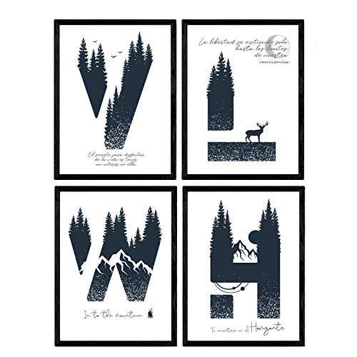 Pack de Cuatro Posters de Letras con diseño de Naturaleza. Letras H, V, L, W. Posters de Letras con diseño. Tamaño A4 sin Marco