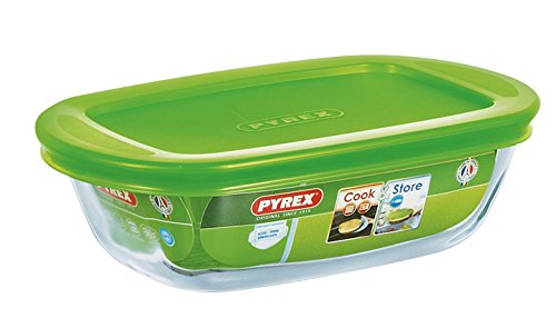 Pyrex Cook&Store - Recipiente rectangular, 17 x 10 x 5 cm, transparente + tapa, color verde