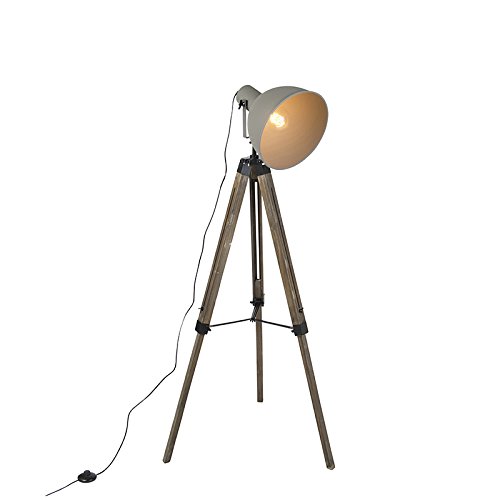 QAZQA Lámpara de pie industrial sobre trípode de madera con pantalla gris - Laos/Acero Otros Adecuado para LED Max. 1 x 40 Watt