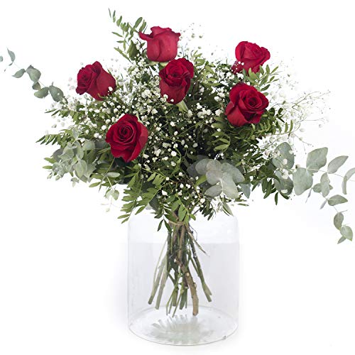 Ramo 6 Rosas Rojas | ENTREGA GRATIS 24 HORAS | Flores Naturales a Domicilio Blossom® | Ramo de Rosas Naturales a Domicilio | Flores Frescas y Recién Cortadas