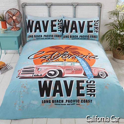 Rapport - Juego de Funda de edredón y Funda de Almohada para Cama Individual, diseño Retro de California Surf Board en una Playa con Palmera y Coche Vintage, Color Azul
