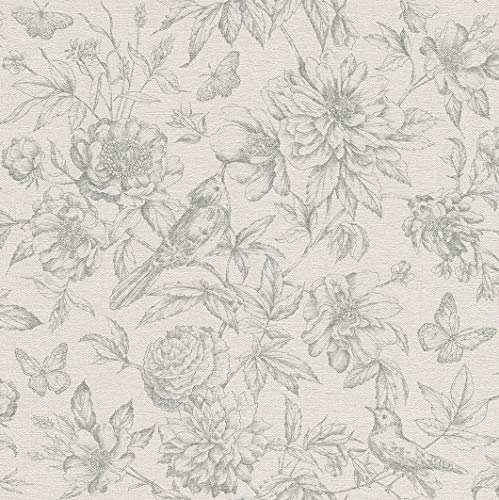 rasch Papel pintado 449440 de la colección Florentine II – Papel pintado no tejido en color gris con estampado floral en estilo vintage – 10,05 m x 53 cm (largo x ancho)
