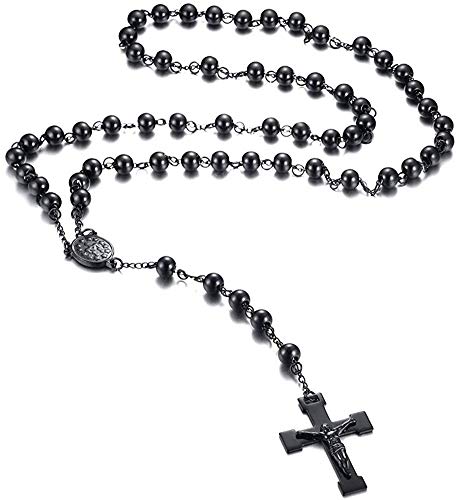 Rosario de cuentas católicas de acero inoxidable con crucifijo de cruz de Jesús, collares de oración religiosa, 4 mm/6 mm/8 mm, color negro Negro