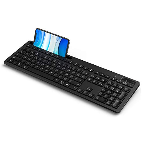 seenda Teclado inalámbrico Bluetooth 4.0 + 2,4 G multidispositivo con 3 canales para iPad/iPhone/iMac/MacBook/Windows PC/portátil/tableta, disposición alemana QWERTZ – Negro