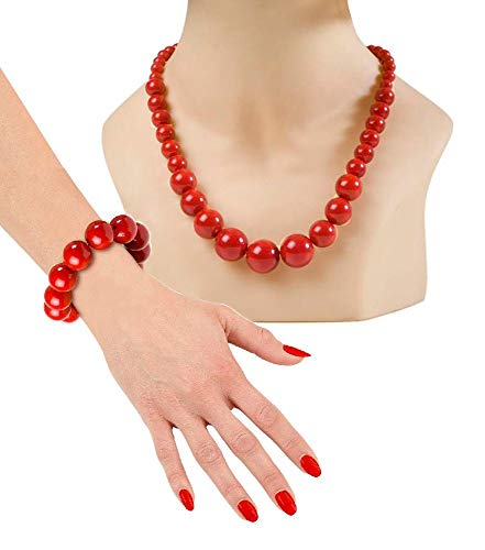 shoperama Juego de joyas para mujer de los años 70, cadena de perlas y pulsera, color rojo, 50, 50, 50, 80, 80