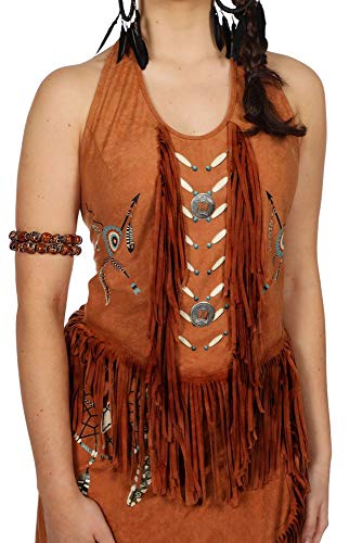 shoperama Top con flecos, espalda descubierta, aspecto de ante, disfraz de india Squaw para mujer, atrapasueños, carnaval, color: marrón claro
