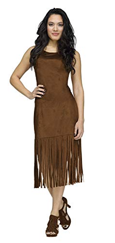 shoperama Vestido básico con flecos para mujer, color marrón, estilo hippie, años 60 y 70, talla S/M