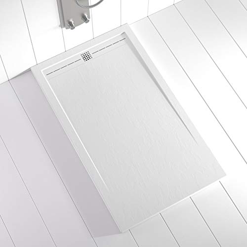 Shower Online Plato de ducha Resina FLOW - 90x170 - Textura Pizarra - Antideslizante - Todas las medidas disponibles - Incluye Rejilla Color Blanco y Sifón - Blanco RAL 9003