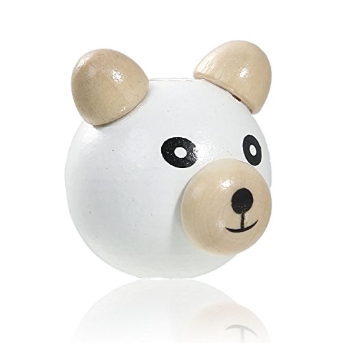 SiAura Material ® - 5 perlas de madera Hinoki de 27 x 29 mm con agujero de 5 – 6 mm, redondas, oso 3D, color blanco y marrón para manualidades.