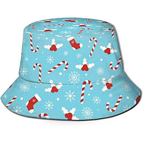 Sombrero de Cubo Unisex Navidad con Bayas de Acebo Bastones de Caramelo Sombrero de Sol Impreso al Aire Libre Gorra de Viaje de Verano al Aire Libre Negro
