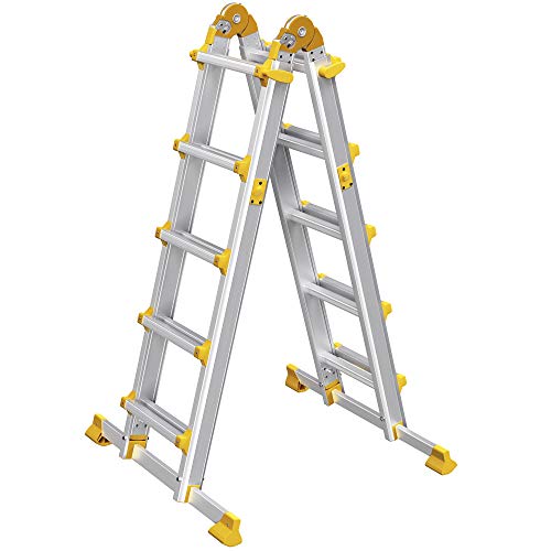SONGMICS Escalera Multifuncional de Aluminio, Escalera Plegable en Forma de A, Escalera Telescópica, Longitud Máxima de 4,6 m, Capacidad de Carga de 150 kg, Plata y Amarillo GLT046M01
