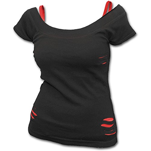 Spiral Direct Urban Fashion-2in1 Red Ripped Top Black Camiseta, Negro (Black & Red 005), 40 (Talla del Fabricante: Medium) para Mujer